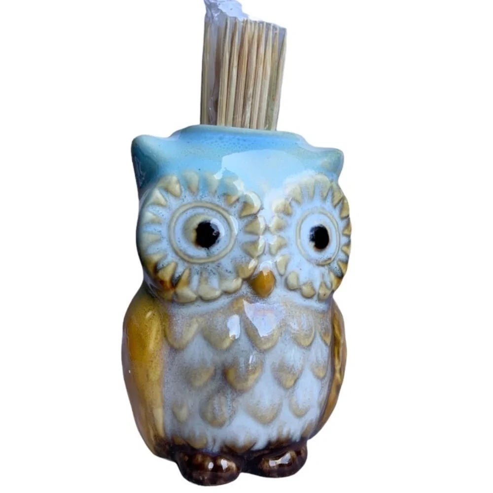 Kitchen Toothpick Holder Glazed Ceramic Country Owl Decor Blue White
